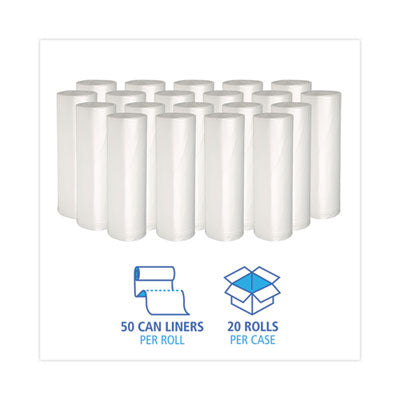 Boardwalk® High-Density Can Liners, 16 gal, 6 mic, 24" x 33", Natural, Perforated Roll, 50 Bags/Roll, 20 Rolls/Carton