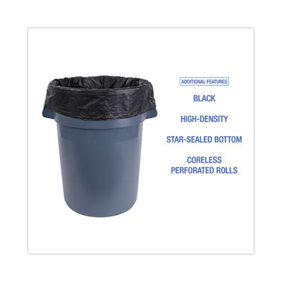 Boardwalk® High-Density Can Liners, 56 gal, 19 mic, 43" x 47", Black, Perforated Roll, 25 Bags/Roll, 6 Rolls/Carton