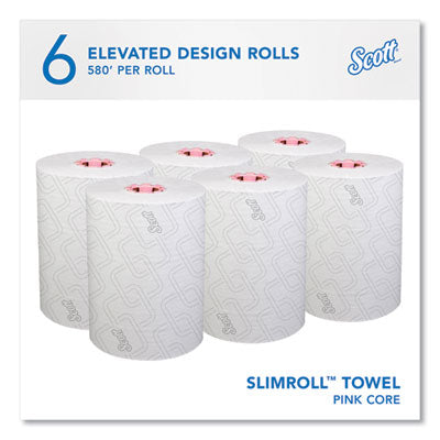 Scott® Slimroll Towels, 1-Ply, 8" x 580 ft, White/Pink Core, Traditional Business, 6 Rolls/Carton