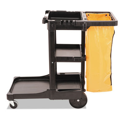 Rubbermaid® Commercial Multi-Shelf Cleaning Cart, Plastic, 4 Shelves, 1 Bin, 20" x 45" x 38.25", Black