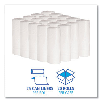 Boardwalk® Low-Density Waste Can Liners, 16 gal, 0.4 mil, 24" x 32", White, Perforated Roll, 25 Bags/Roll, 20 Rolls/Carton