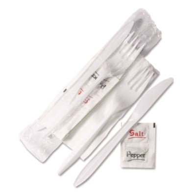 GEN Wrapped Cutlery Kit, 6.25", Fork/Knife/Napkin/Salt/Pepper, Polypropylene, White, 500/Carton