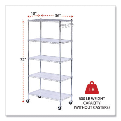 Alera® 5-Shelf Wire Shelving Kit with Casters and Shelf Liners, 36w x 18d x 72h, Silver